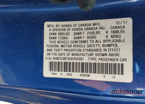 2017 Honda Civic Ex-L из США, поврежденный, VIN 2HGFC3B75HH355591